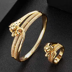 Zlxgirl jewelry Dubai Gold Plated color For Women wedding bracelet with ring jewelry set Classic Leopard shape aminial bangle