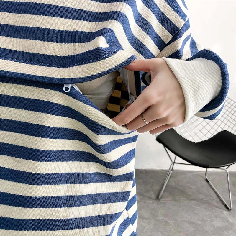 Striped Mothers Maternitty Clothing Loose Oversized Sweatshirt Pullover Breastfeeding Clothes Autumn Cotton Jacket For Nursing