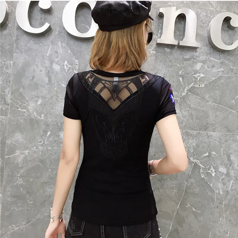 Summer Fashion Korean Blusas Clothes T-shirt Sexy Hollow Out Diamonds Letter Butterfly Women Tops Ropa Mujer Patchwork Mesh Tees