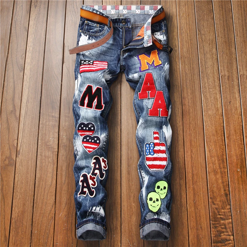 Autumn New Style Small Straight Tube Jeans Patch National Flag Badge Paint Slimming Denim Trousers Trend Men\'s Fashion Pants