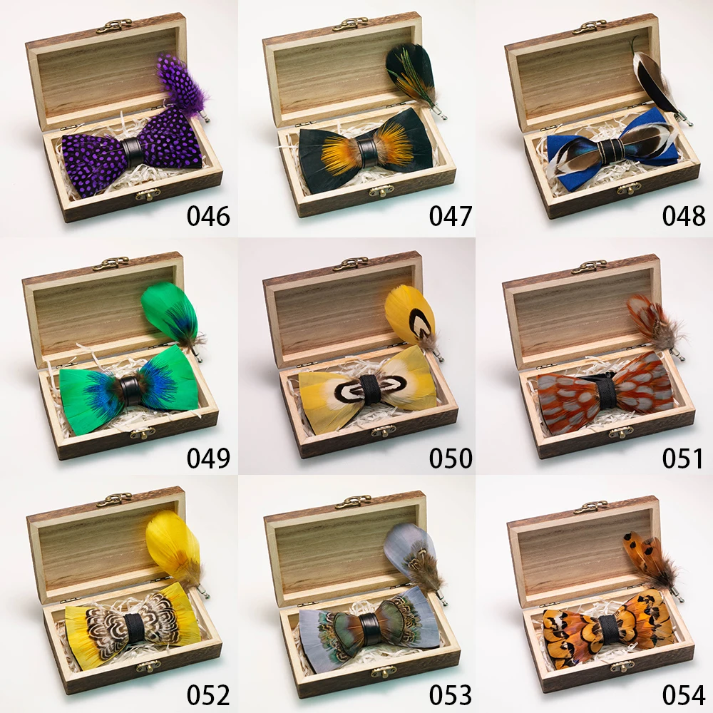 EASTEPIC Handmade Feather Bow Tie Brooch Wooden Box Set Men's Exquisite Accessories for Wedding Party Birthday Gift Necktie
