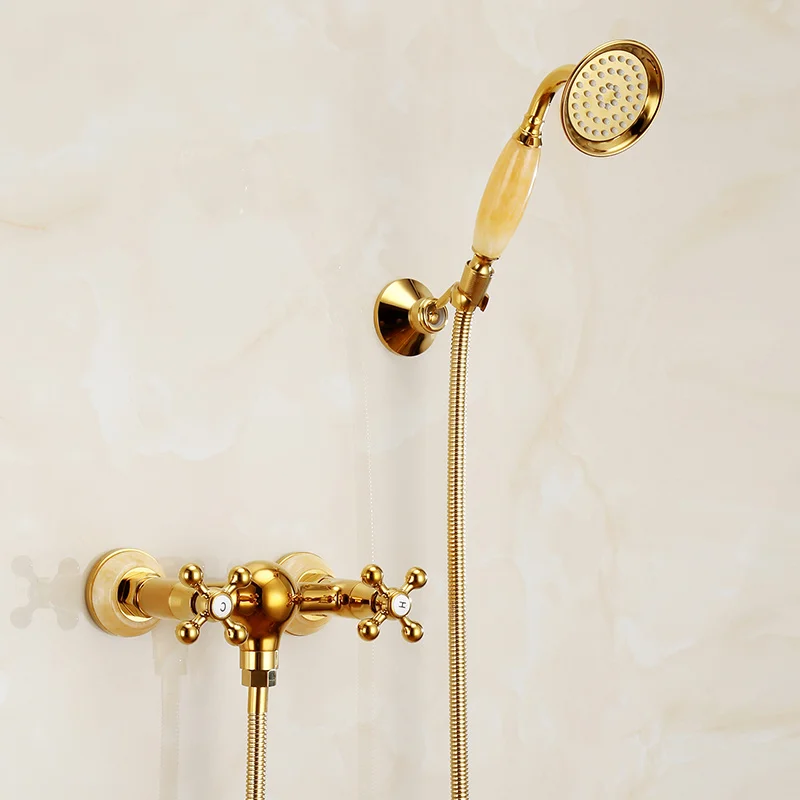 

Bathroom Shower Faucet Set Hot & Cold Gold Solid Brass & Jade Bathtub Mixer Tap Wall Mounted Dual Handle With Handheld Copper