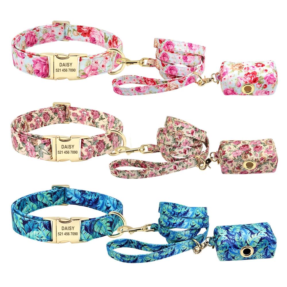 Flower Dog Collar Leash Set Custom Small Medium Large Dog Pet Collars Floral Print Nylon Dog Collars with Treat Bag Snack Bag