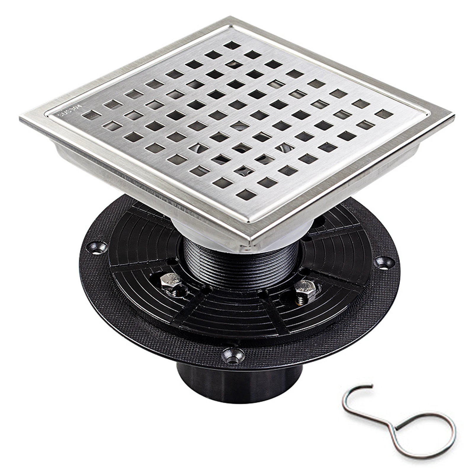 

304 Stainless Steel Bathroom Shower Floor Drain, Square, Large Flow, Hair Strainer, Anti-odor, Tile Insert, 6"