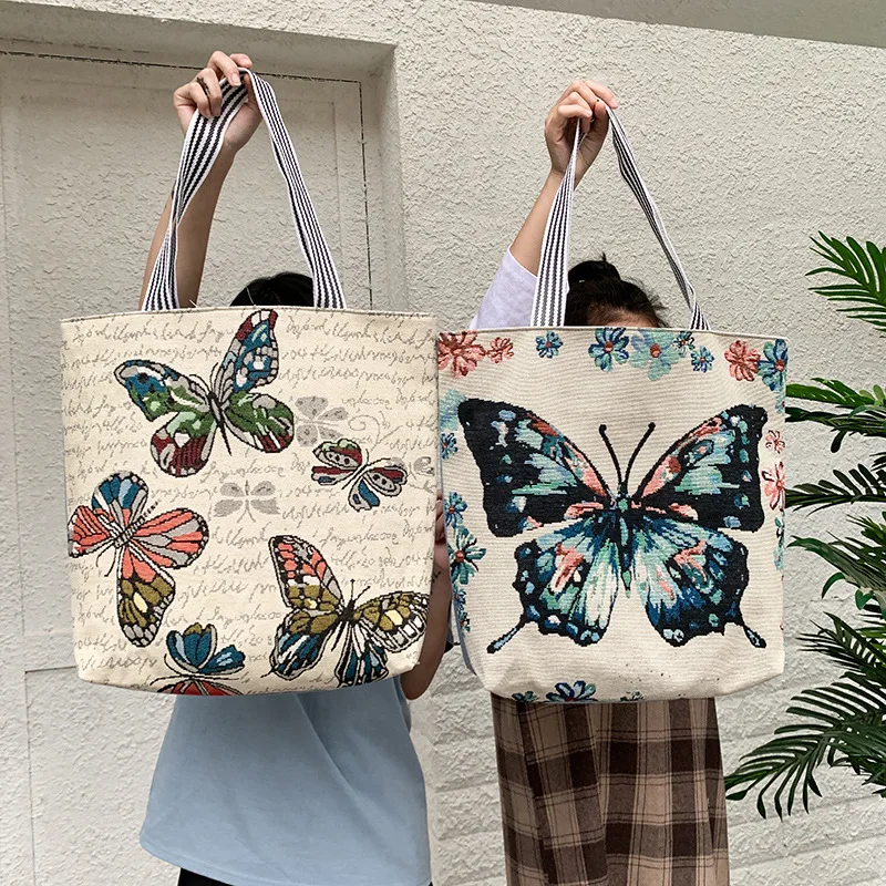 

Embroidery Women's Canvas Bags Cartoon Animals Shopper Bag Large Capacity Handbag Luxury Tote Bag for Ladies Portable School Bag