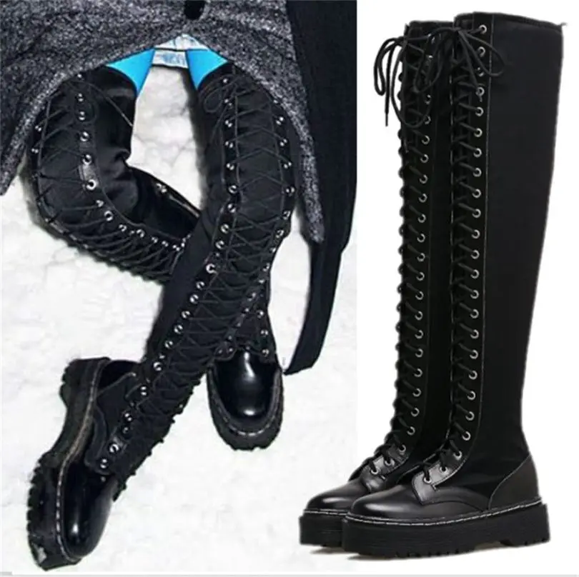 Plus Size Shoes Women Lace Up High Platform Over Knee Boots Thigh High Chunky Oxfords Cosplay Round Toe Stretchy Booties Gothic