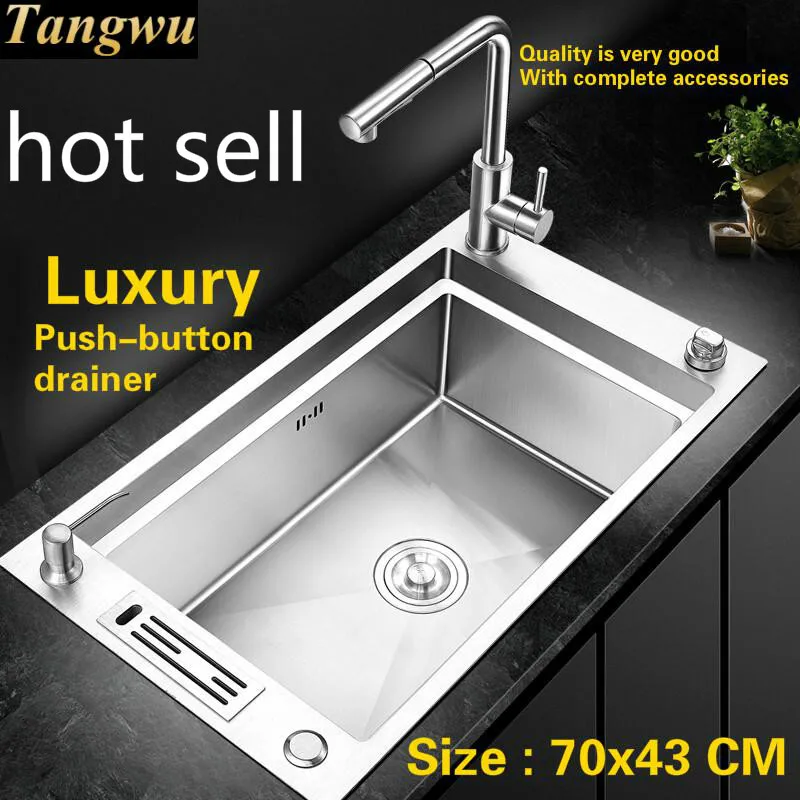 

Free shipping Hot sell high-end kitchen manual sink single trough push-button drainer food grade 304 stainless steel 70x43 CM