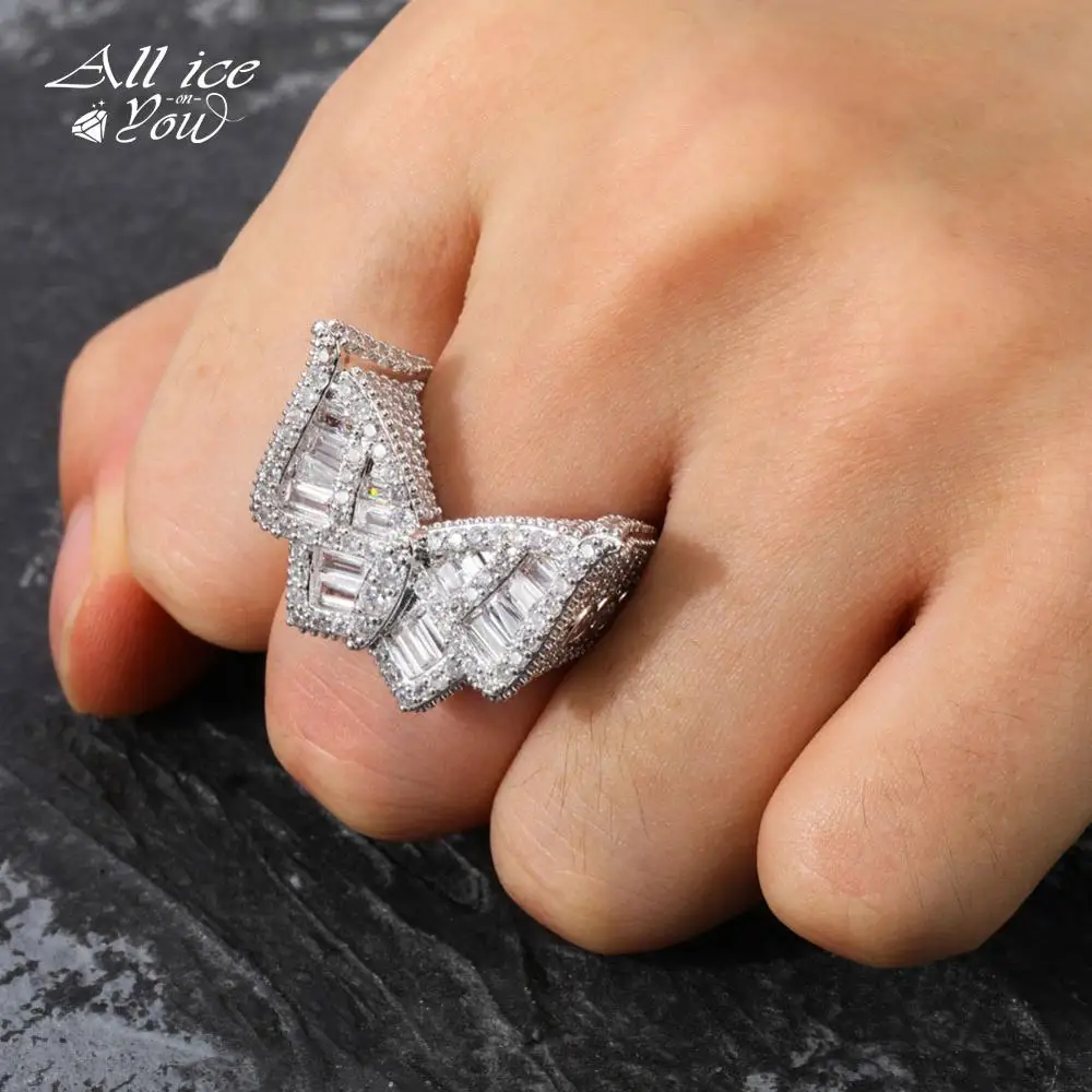 ALLICEONYOU Ice Out Hip Hop Plated High Quality Cubic Zirconia Butterfly Ring  Jewellery Gold Sliver-color For Women Gift