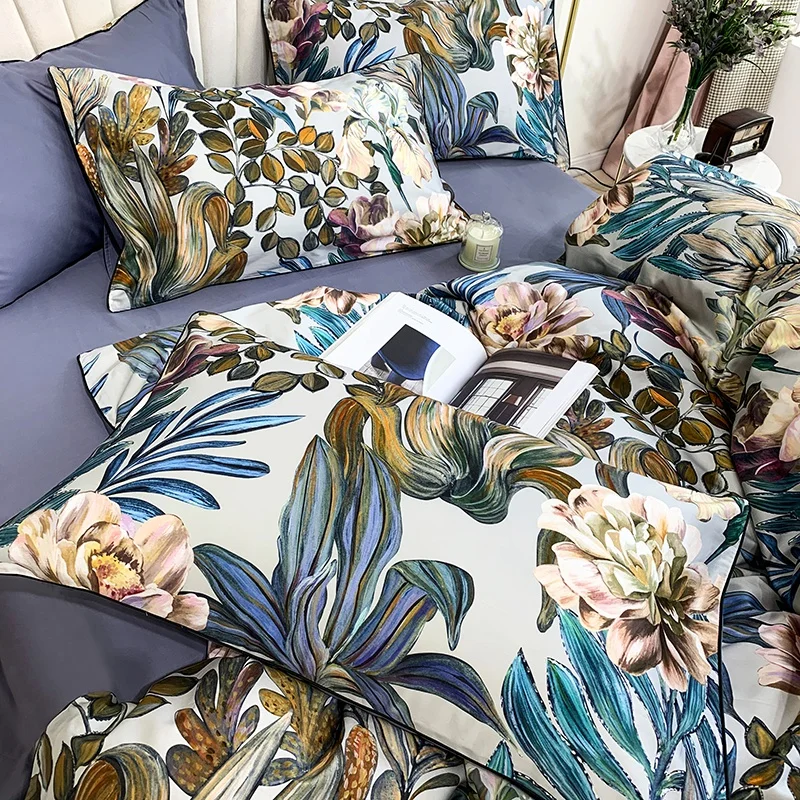 Tropical Leaves Flowers Duvet cover set Silky Soft 100%Egyptian Cotton Bedding set Queen King Bed sheet Quilt Cover Pillowcases