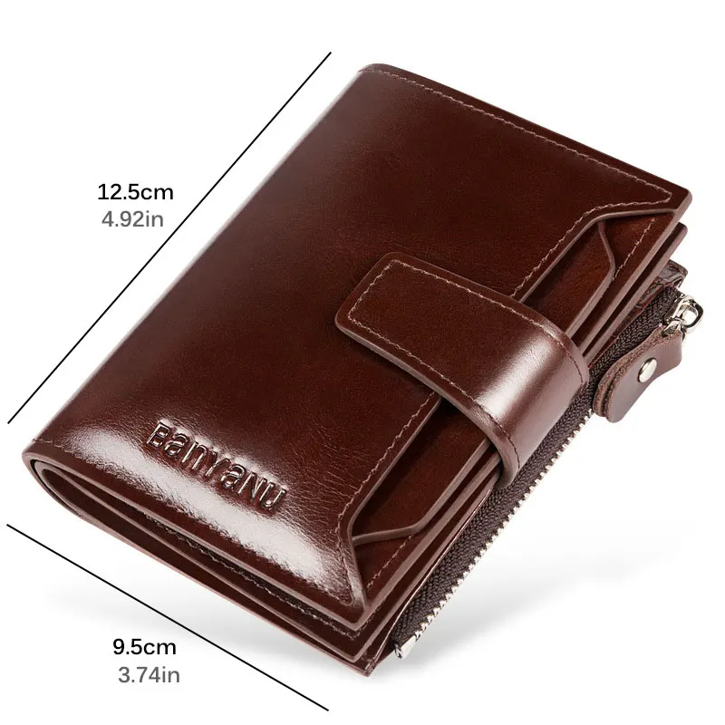 Men\'s Genuine Leather RFID Blocking Trifold Wallet Short Vintage Multi function Credit Card Holder Coin Zipper Pocket Money Bags