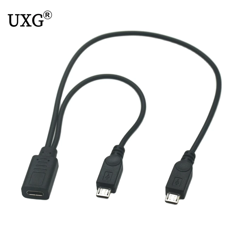 25cm Type-c USB 3.1 1 to 2 Y Splitter Cable USB 3.1 Female to Double Micro 5pin Male Converter High Speed Charging Cable Cord