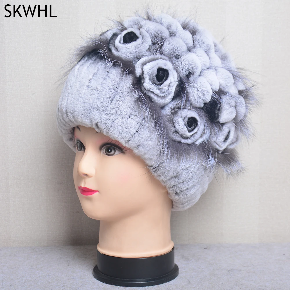 

Winter Hat Women Rex Rabbit Fur Warm Knitted Hand Sewn Floral Fox Elegant Stylish Ladies Cold Hat Furry Cap Natural Fur Hat