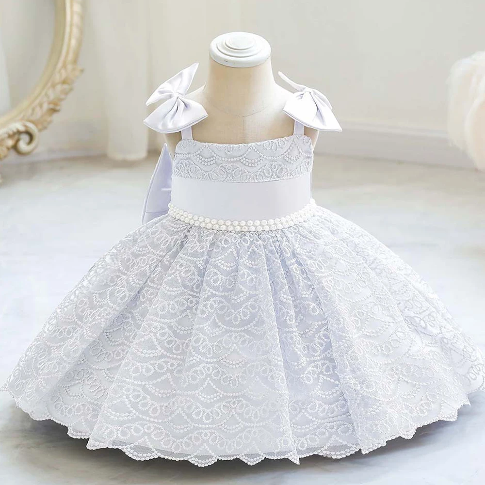 

Baby Girls Princess Lace Dress Big Bow Back Party Gown Infant Little Kids Summer Spaghetti Strap Beaded Evening Formal Dresses