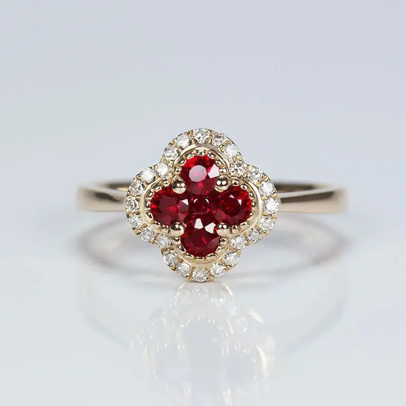 New Design Silver Diamond Ruby Four Leaf Flower Adjustable Ring Exquisite Luxury Anniversary Accessories Ladies Jewelry