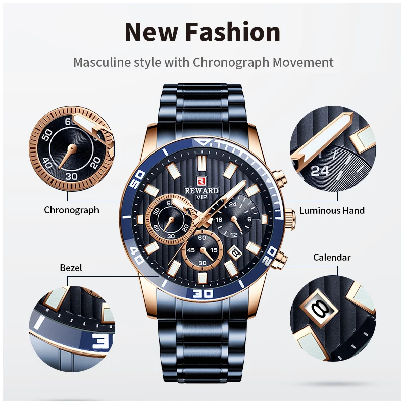 REWARD Men Quartz Watches Luxury Business Casual Wristwatch Stainless Steel Strap Chronograph Waterproof Wrist Watches for Male