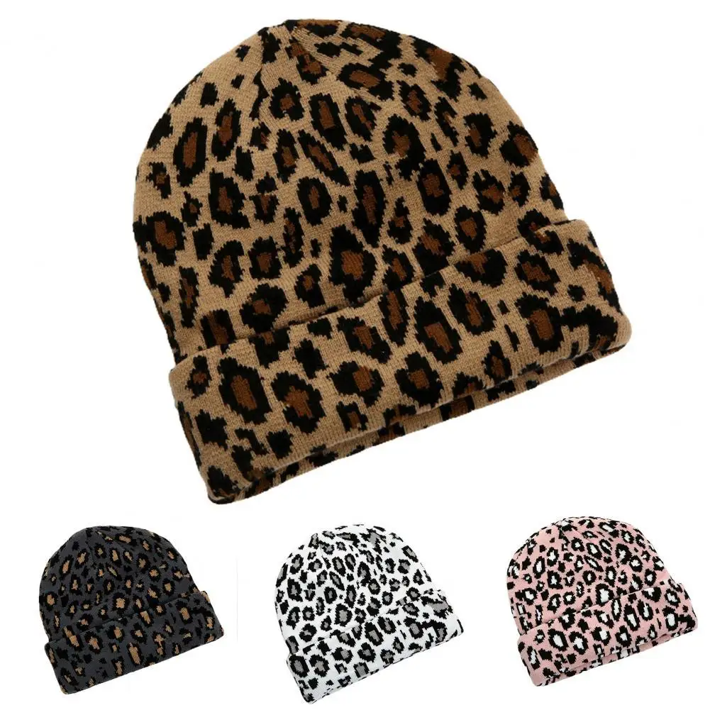 Adult Cap Leopard Dome Men Women Warm Stretchy Knitted Cap for Outdoor