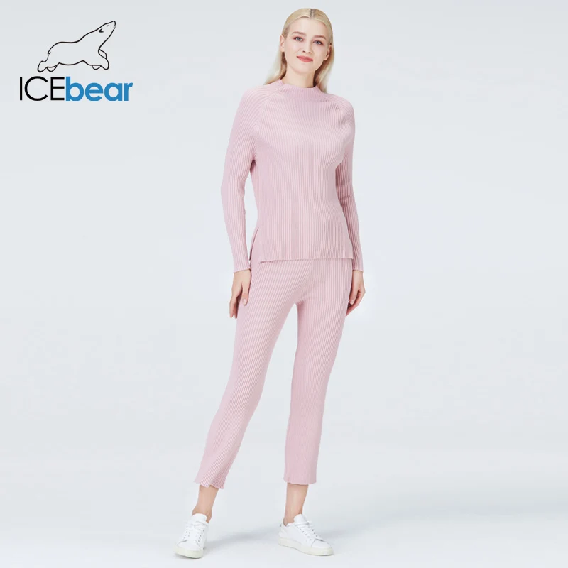 icebear 2022 fall female knitted tracksuit o-neck sweater casual suit winter knit pants sporting suit femme clothing NB-2322