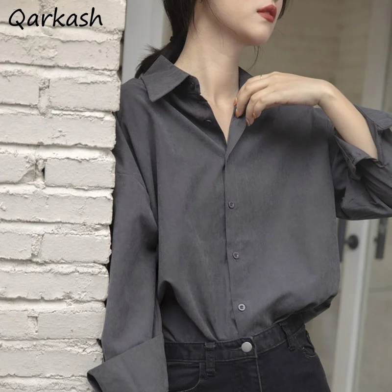 Shirts Women Dark Gray College New Loose All-match Fashion Korean Style Simple BF Solid Button Up Leisure Camisas Mujer 2021 Top