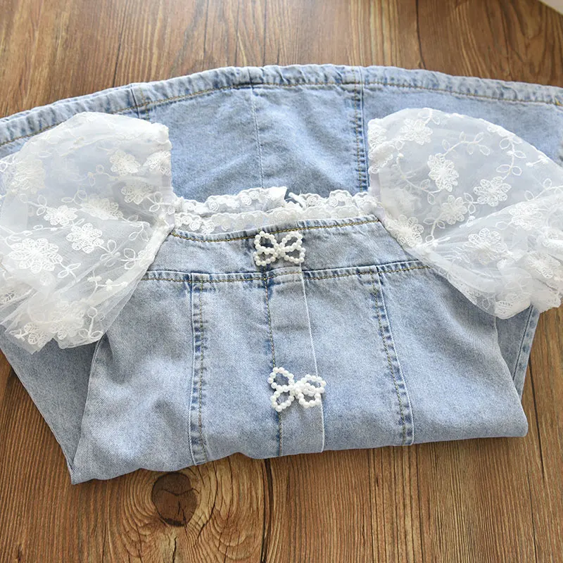 2022 Summer Girls Temperament Dress New Pearl Seersucker Sleeves Stitching Soft Denim A-Line Dresses Children\'S Fashion Clothing