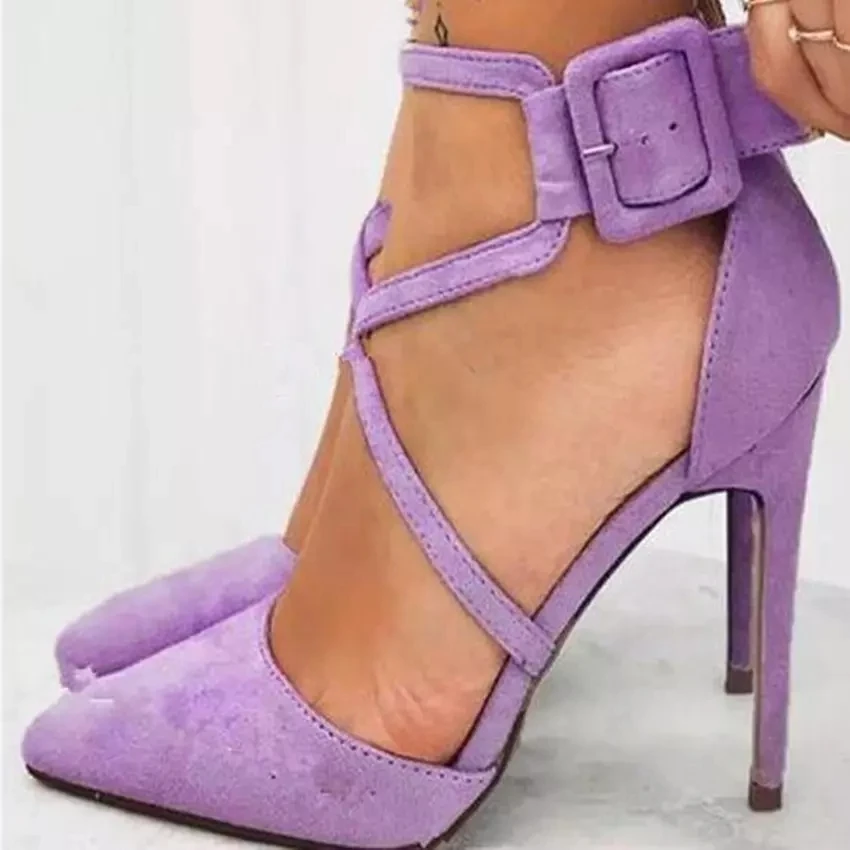 

Lavender purple Suede Cross Strap Ankle Square Buckle Pumps Stiletto Heels Pointed Toe Mixed color Banquet high heel Shoes