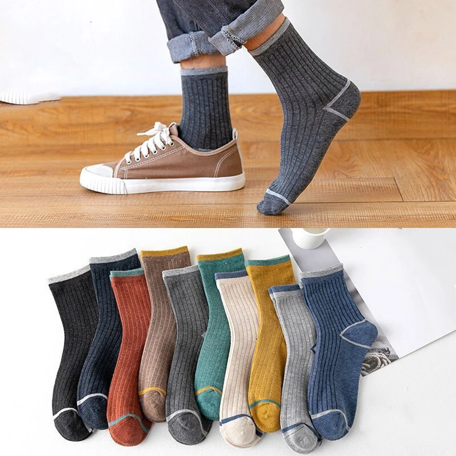 Cotton Men Socks Retro Classic Solid Color Black Yellow Blue Green 10 Colors Stretchy Well Striped Pattern Crew Style 1 Pack