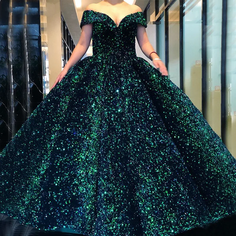 Vestidos de Noche verdes brillantes personalizados, vestidos de fiesta largos formales con lentejuelas y hombros descubiertos, vestidos de graduación hechos a medida para banquete 2025