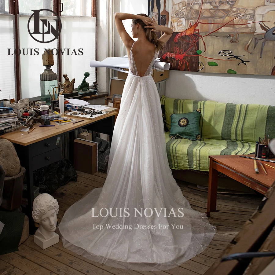 Louis Novias A-lijn Trouwjurk 2022 Sexy Strand Spaghetti Bridal Gown Glanzende Stof V-hals Ademend Vestidos De Novia