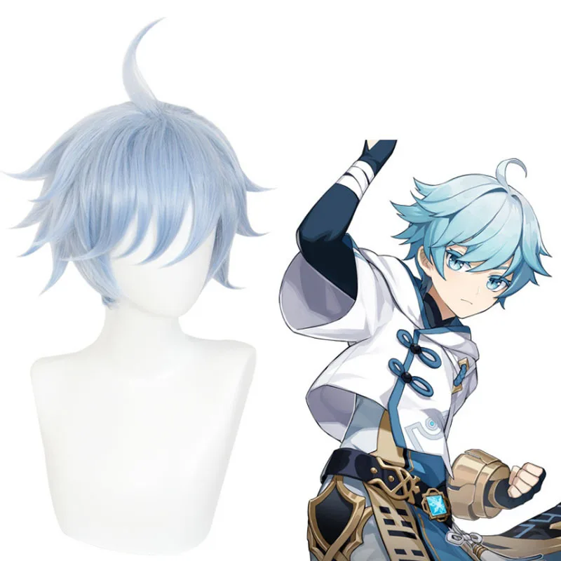 Genshin Impact Chongyun คอสเพลย์ Unisex 30Cm Ice Blue Cosplay อะนิเมะคอสเพลย์วิกผมสังเคราะห์วิกผมฮาโลวีน