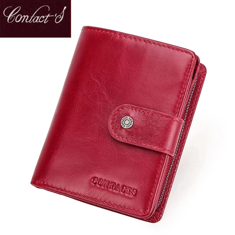 

Contact'S Genuine Leather Wallet Women RFID Blocking ID Credit Cards Holder Small Wallet Zipper and Hasp Red Short Purse Girl