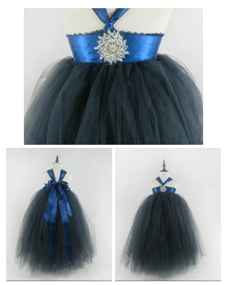 Navy Blue Flower Girls Tutu Dress for Wedding Big Crystal 1-14 Year Princess Toddler Baby Girls Birthday Party Clothes for Kids