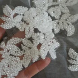 All Beads & Rhinestones Embroidered Patches Wedding Lace Application Sewing on 1 Piece Off White