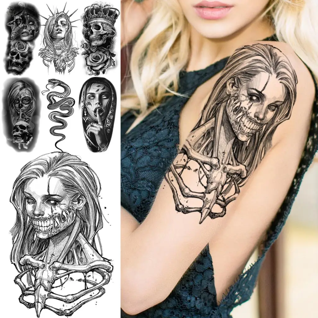 Black Skull Scary Halloween Temporary Tattoos For Women Adult Men Vampire Skull Snake Fake Tattoos Body Art Skeleton Tatoo