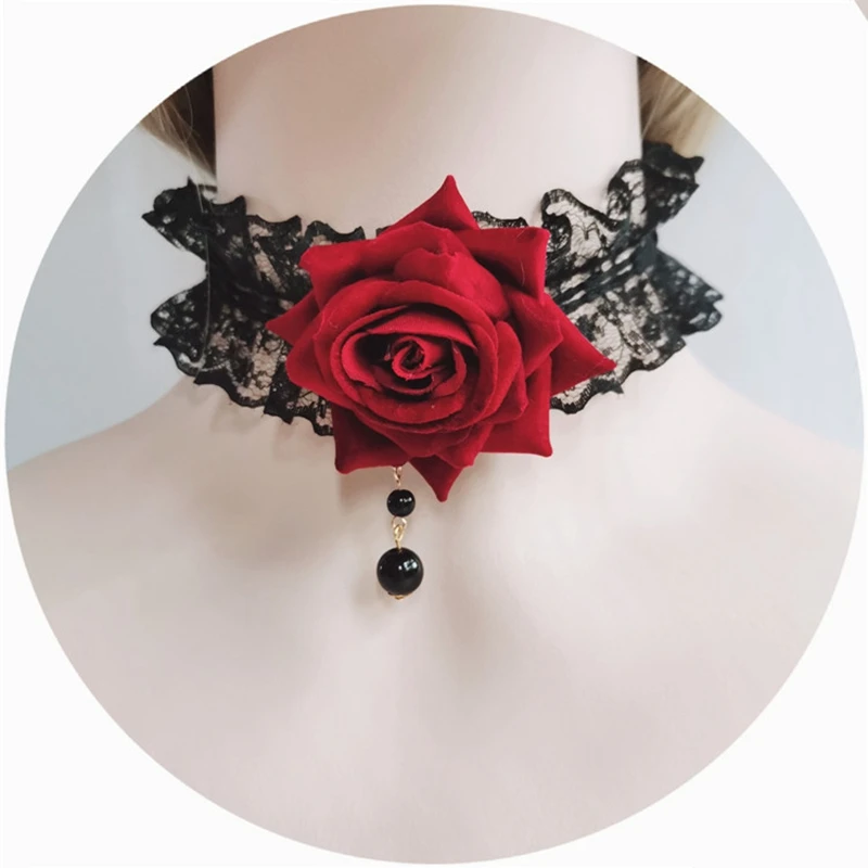 Lolita KC Gothic Diablo Series Notre Dame Apollo Sun Punk Rose Pearl Lace Collarbone Chain Necklace