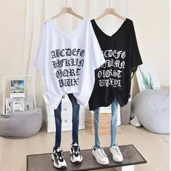 Woman Tshirts Oversized Korean Loose T-shirt Thin V-neck Mid-length Short-sleeved T-shirt Skirt Trend Women Fashion Tops Summer