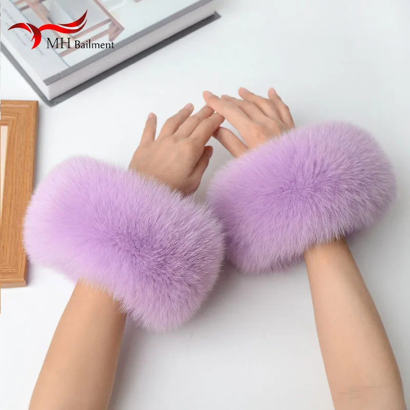 Women 100% Real Fox Fur Wrist Cuffs Winter Warmer White Arm Warmers Covers Luxury Natural Fashion Lady Detachable Sleeves