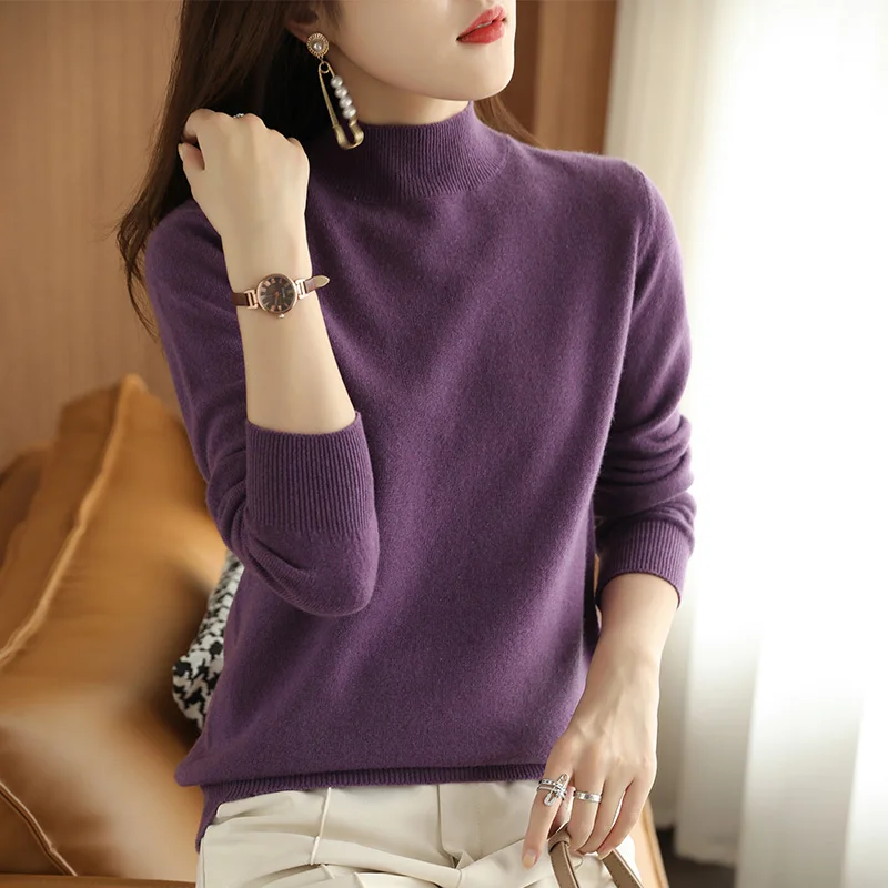 

Spring autumn cashmere sweaters women fashion Mock Neck Casual pullover cashmere sweaters Long sleeve knitted tops