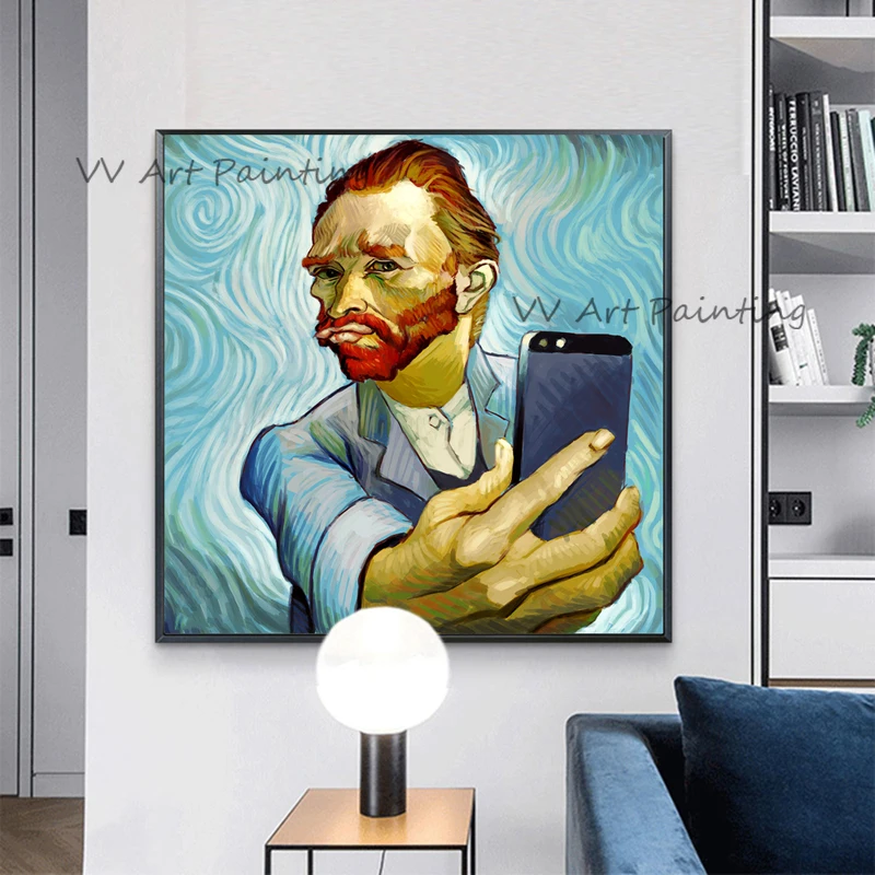 Funny Selfie Graphic Canvas Painting, 100% Handpainted Contemporary Swirl Background Art, Modern Bedroom Wall Decoration