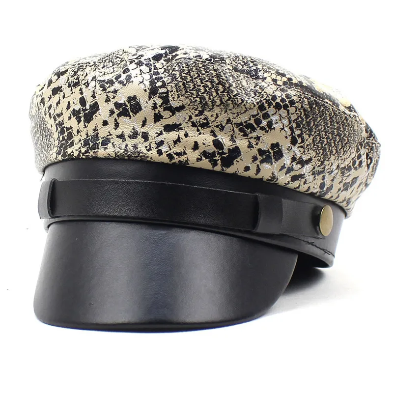 

Women Pu Snakeskin Grain Duck Tongue Beret Simple Casual Octagonal Cap Autumn and Winter Joker Painter Hat 35