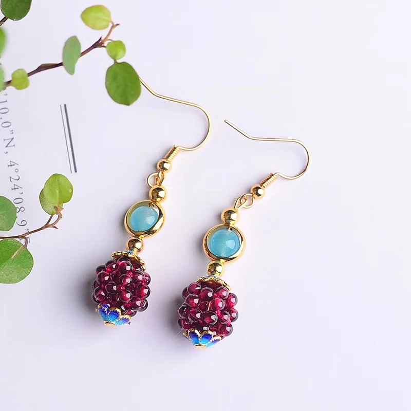 Vintage Ethnic Natural Garnet Handmade Hydrangea Drop Earrings For Women Colorful Dangle Earring Piercing Accessories Fine Gifts