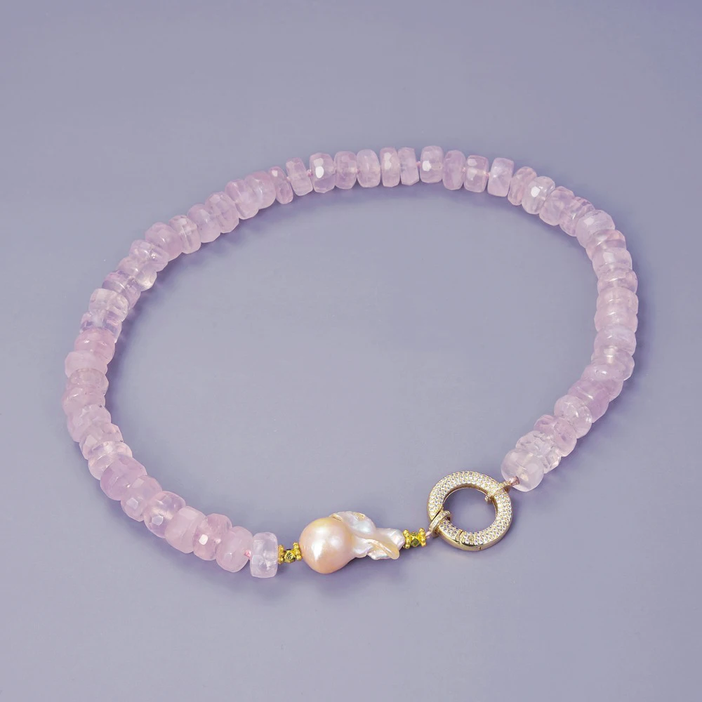 20'' Rose Crystal Faceted Rondelle Pink Keshi 18K Gold Plated Clasp Pearl Necklace