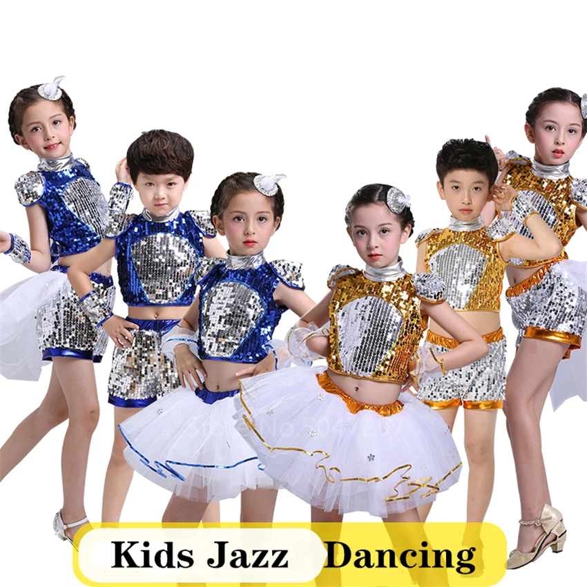 Children Jazz Dance Costume Hip-hop Sequins Dress 2Pcs for Baby Girls Ballroom Dance Competition Dresses Boy Kid Top Set Clothes