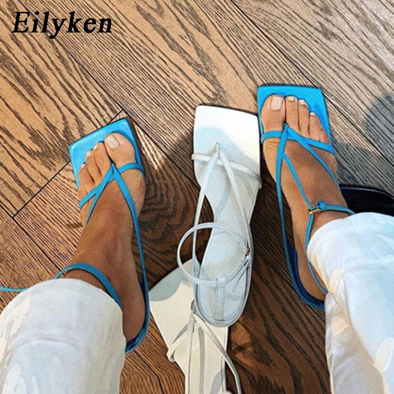 Eilyken Square Head Ankle Strap Sandals Women Fashion High Heel Gladiator Narrow Band Party Dress Pump Shoes Zapatos De Mujer