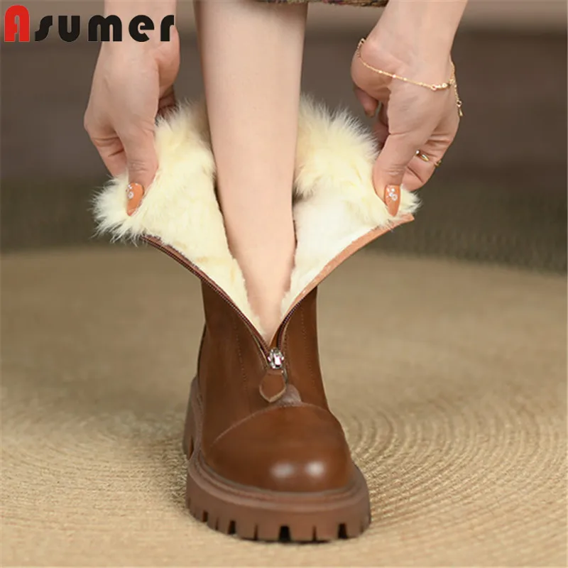 

Asumer 2022 New Arrive Winter Shoes Women Ankle Boots Zip Low Heels Vintage Casual Shoes Genuine Leather Shoes Women Snow Boots