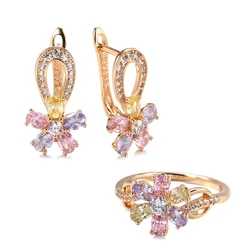 Kinel New 585 Rose Gold Flower Earrings Ring Sets For Women Colorful Natural Zircon Rings Fashion Bride Wedding Jewelry Set