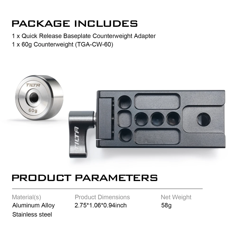 TILTA TGA-BCA Quick Release Baseplate Contragewicht Adapter Contragewicht voor DJI Ronin RS2 RSC2 RS3 RS3 Pro RS4 Pro RS5