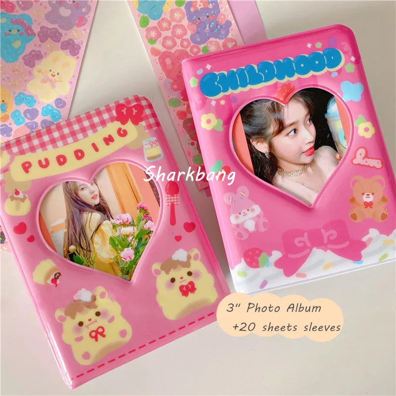 

Sharkbang Mini Cute 3" Gilrs Heart Album Photos + 20pcs Sleeves Bags Pink Bear Milk Storage Card Bag Postcards Collect Organizer