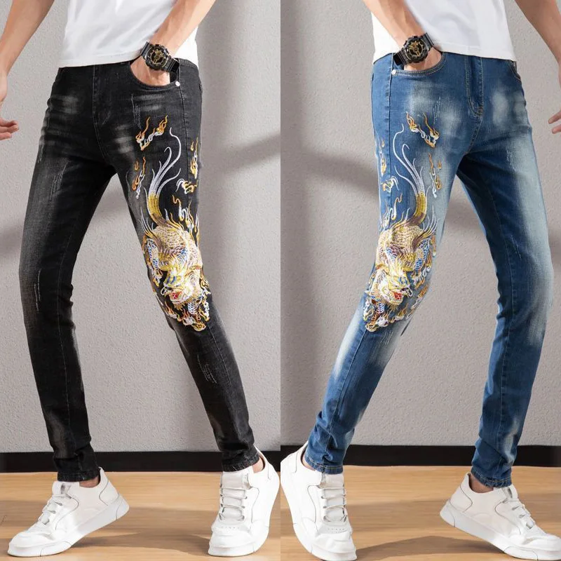 

Men’s slimming elastic denim pants embroidery blue jeans white washed casual jeans scratches black jeans pants men