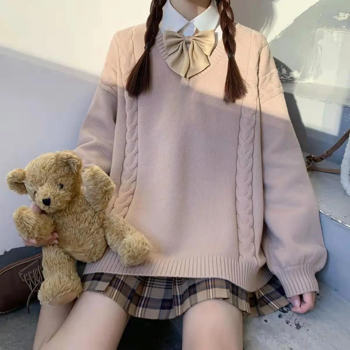 Japan school sweater Spring and autumn 100% V-neck cotton knitted sweater JK uniforms pullover multicolor girls student cosplay