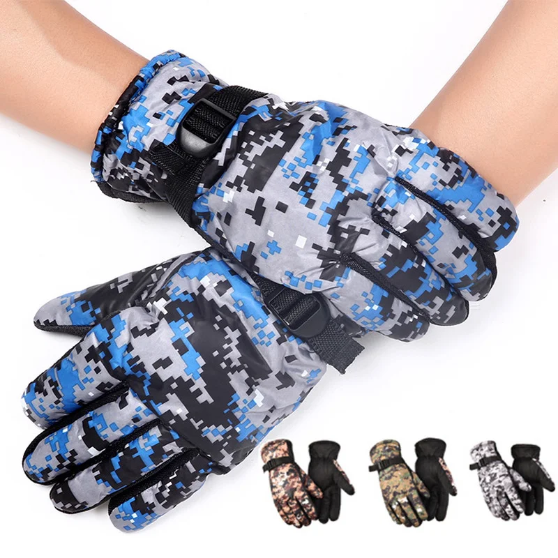 Men Winter Waterproof Thermal Full Finger Gloves Thick Warm Camouflage Print Anti-Slip Palm Adjustable Snow Riding Ski Gloves