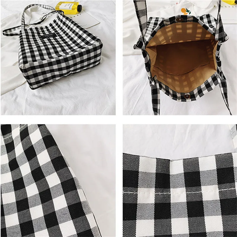 Mode Einfache Frauen Leinwand Handtasche Plaid Schulter Tasche Weibliche Wilde Schwarz Und Weiß Überprüfen Einkaufstasche Campus Stil Student Bücher